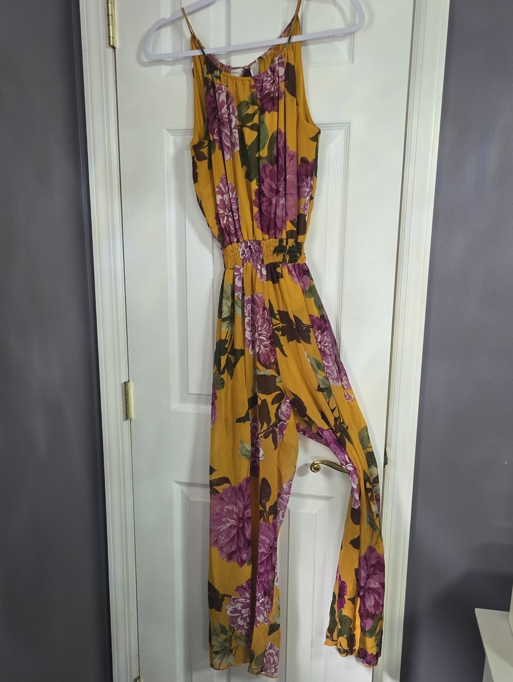 Sweet Storm Mustard Maxi Dress with Purple Floral Print
